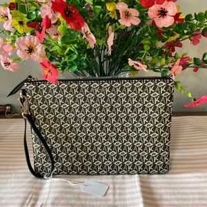 Anne Klein Black and Tan Geometric Clutch with Wristlet Strap